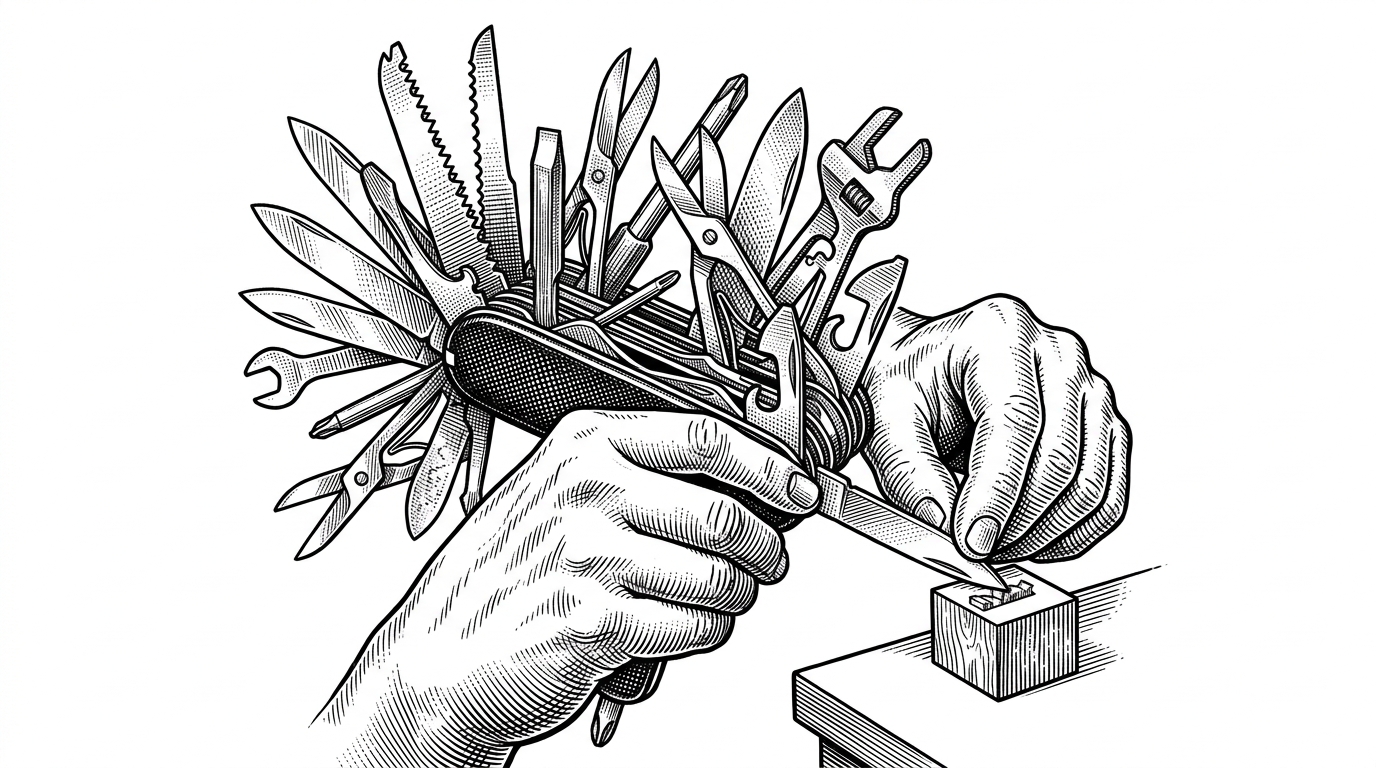 A pair of hands using a massive multi-tool Swiss Army knife to carve a tiny precise wooden block. This illustrates the tradeoff of using a massive framework like Bootstrap 5 for a niche landing page.