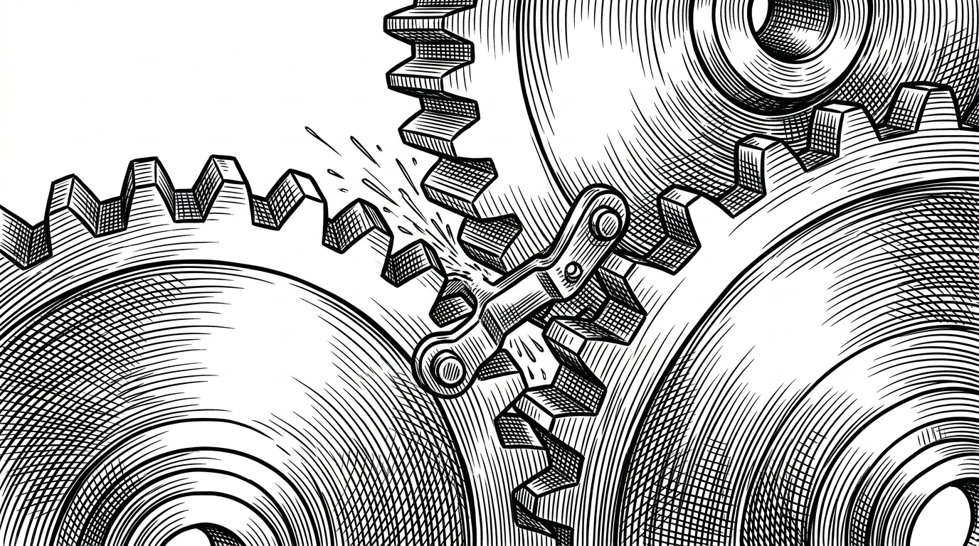 A close-up of a heavy industrial gearbox where two massive, jagged gears representing Twisted and Qt are forced to mesh by a glowing metal linkage.