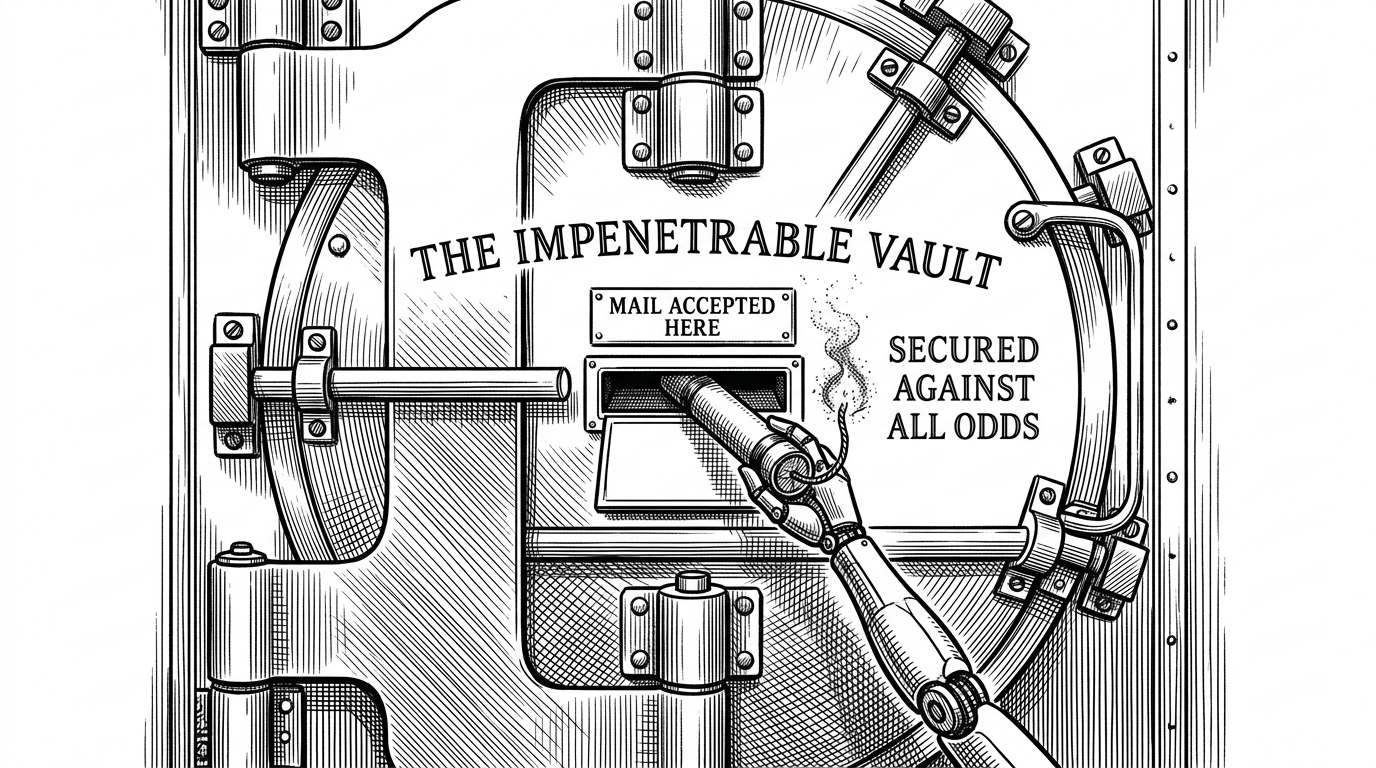A massive armored bank vault door with an open mail slot in the center, through which a mechanical hand drops a lit stick of dynamite.