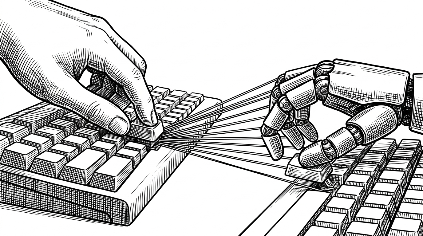 A human hand pressing a mechanical keyboard key connected by taut strings to a robotic hand pressing a corresponding key elsewhere.