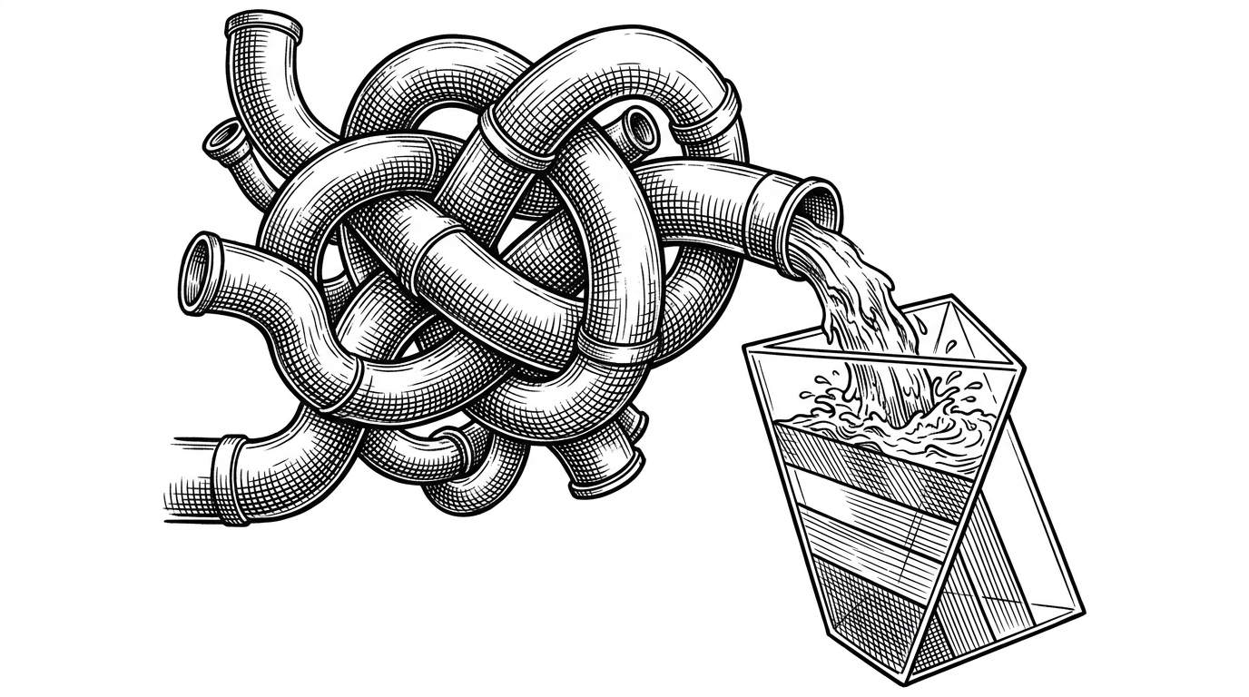 A chaotic tangle of thick industrial pipes pouring messy black liquid into a sleek, glowing glass prism. Inside the prism, the liquid separates into neat, categorized, readable streams.