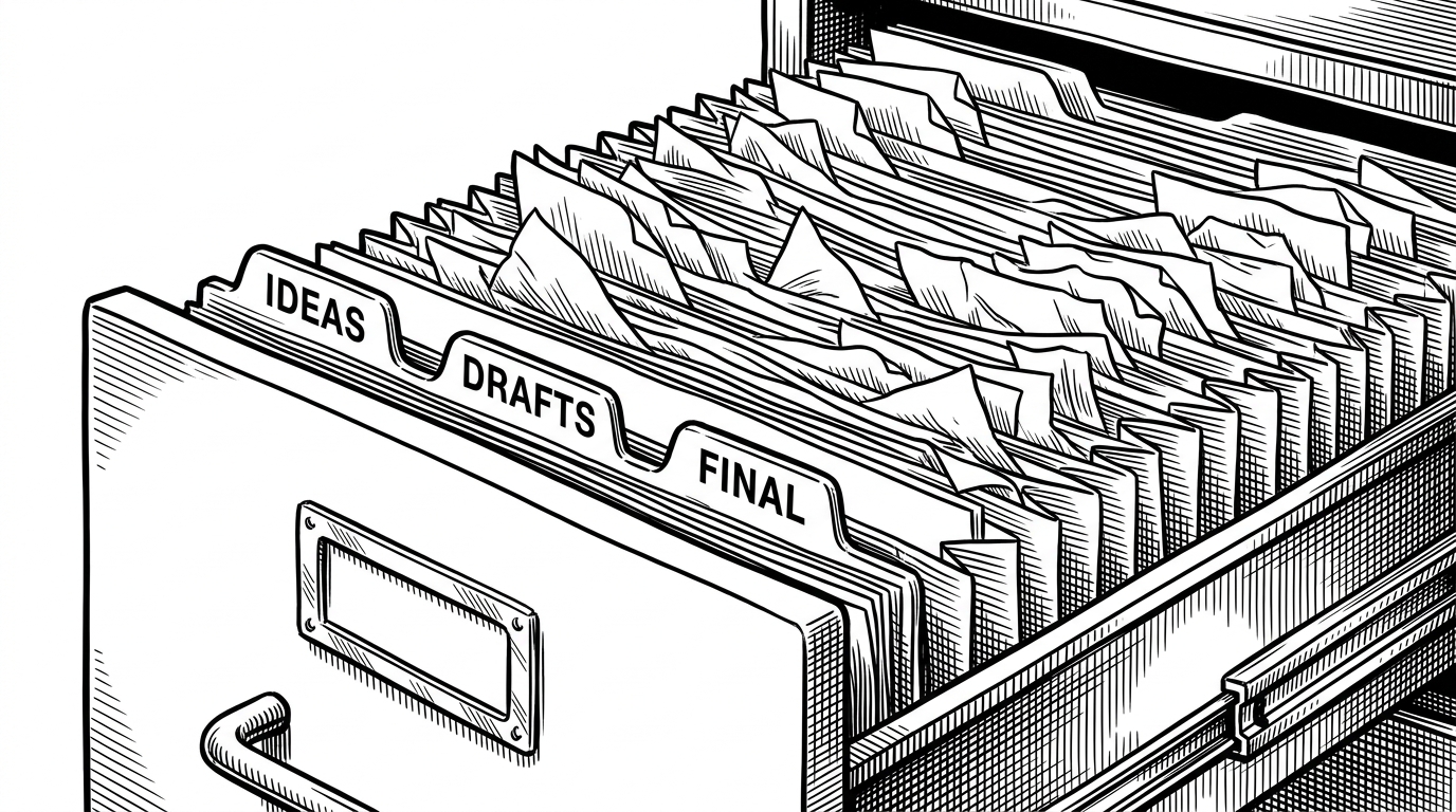 A heavy iron filing cabinet drawer being pulled open. The front three index tabs are rigid metal. Behind them, a massive accordion folder holds hundreds of irregularly shaped, crumpled papers.
