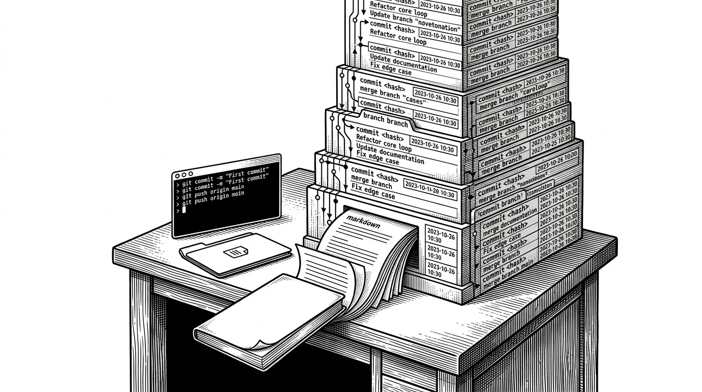A wide black ink editorial illustration of a single paper notebook being filed into a towering Git ledger. The notebook pages unfold into markdown sheets, stamped branches, and commit labels, showing notes turning into versioned infrastructure.
