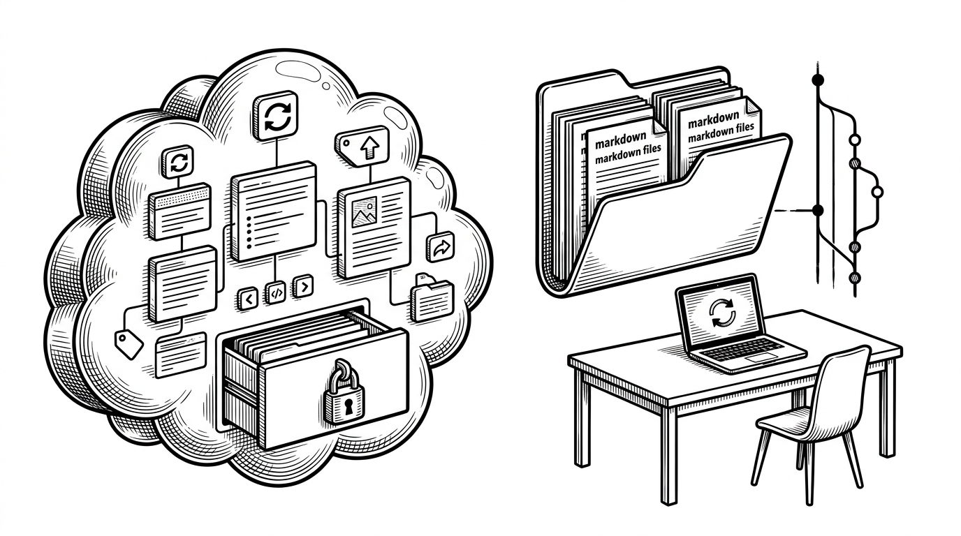 A split editorial scene contrasts a cloud note app with floating cards and a locked drawer against a plain folder of markdown files beside a Git log and terminal. The contrast shows the trade-off between convenience and control.