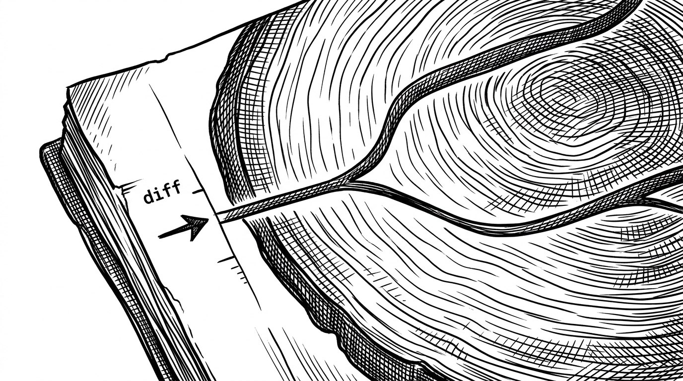 A close-up black ink illustration of one markdown note with visible diff marks in the margin, a commit arrow, and a branching line that splits one idea into two histories. The page is drawn like a tree ring, which explains how version control preserves the shape of a thought.