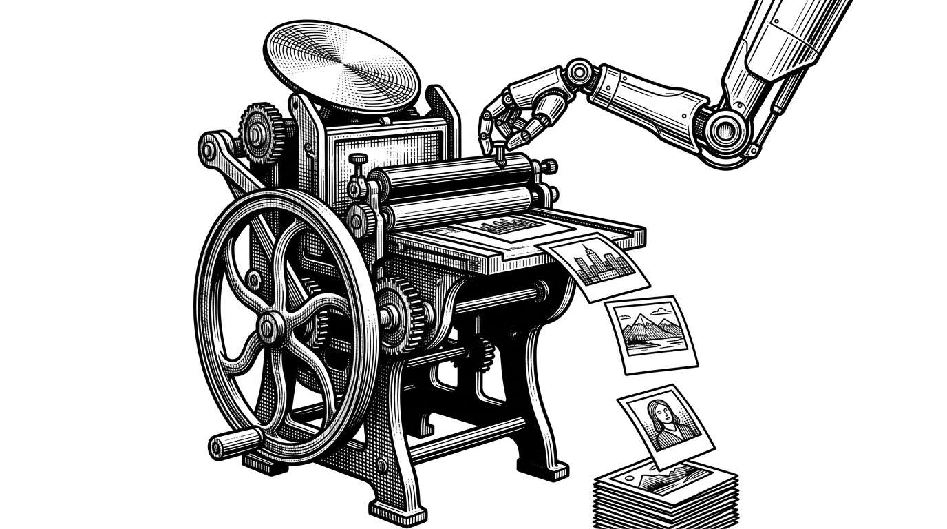 A classic printing press operated by a modern robotic arm, stamping out perfectly framed polaroid photos. This represents the blend of high-fidelity output driven by AI automation.