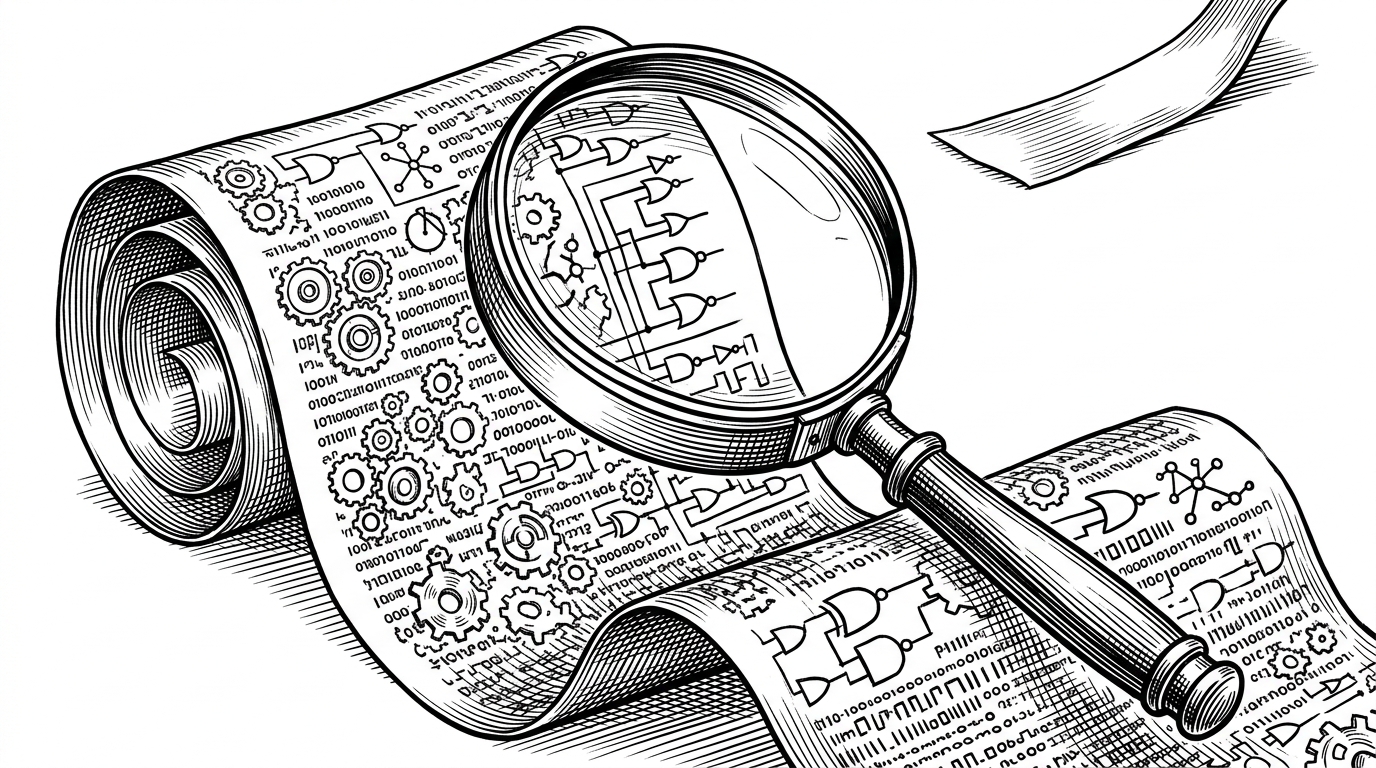 A brass magnifying glass hovering over a single, ridiculously long scroll covered in tiny gears and logic gates. This illustrates the dense, single-file monolithic architecture.