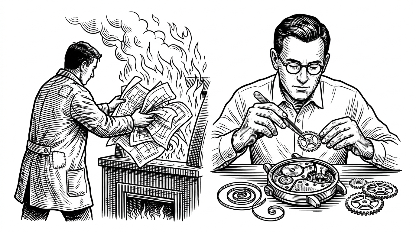 A split-screen illustration. On the left, a person tosses a massive tangled blueprint into a blazing furnace, representing dumping a whole schema into a generic LLM. On the right, a person uses tweezers to place a single precise gear into a watch mechanism, representing surgical context retrieval.