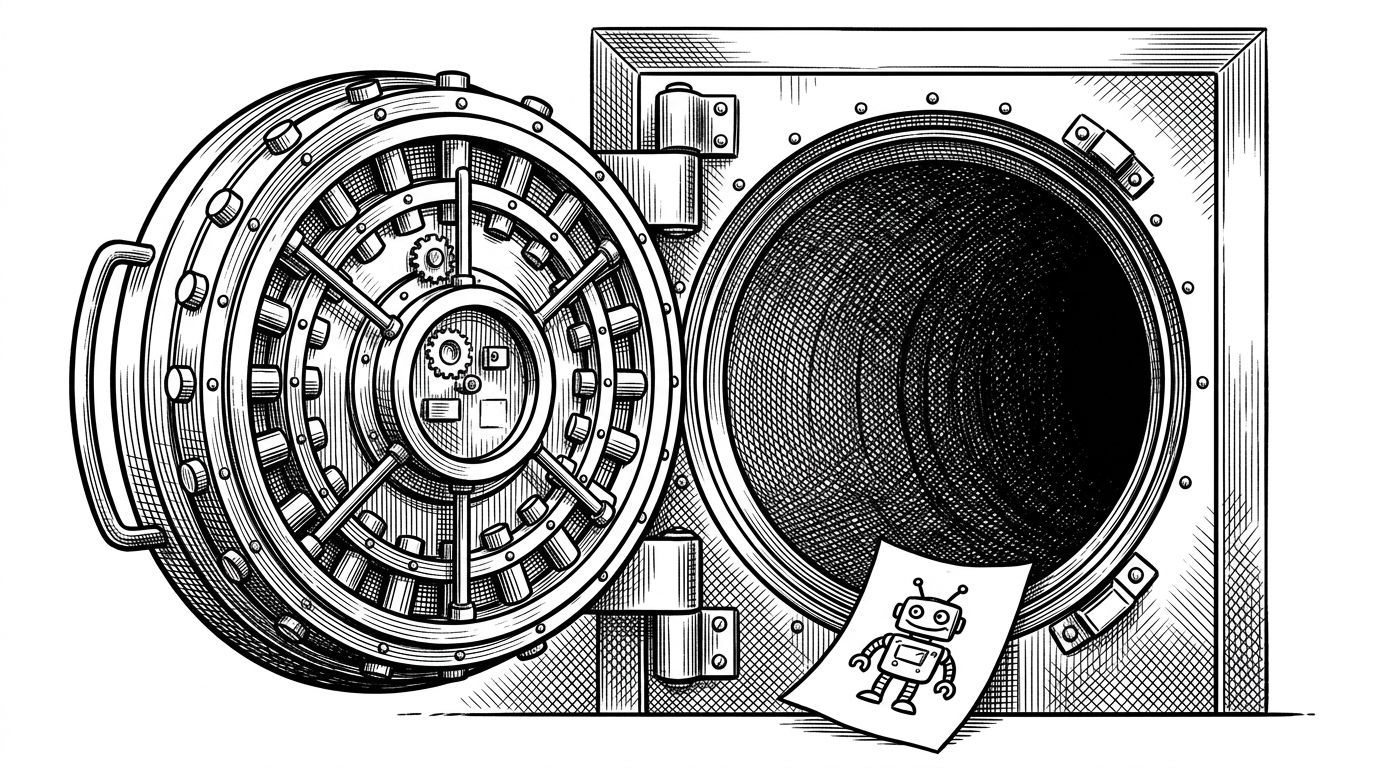 A massive bank vault door standing wide open, propped by a flimsy piece of paper with a robot drawn on it. This illustrates the danger of compromising secure databases for the convenience of generic AI web tools.