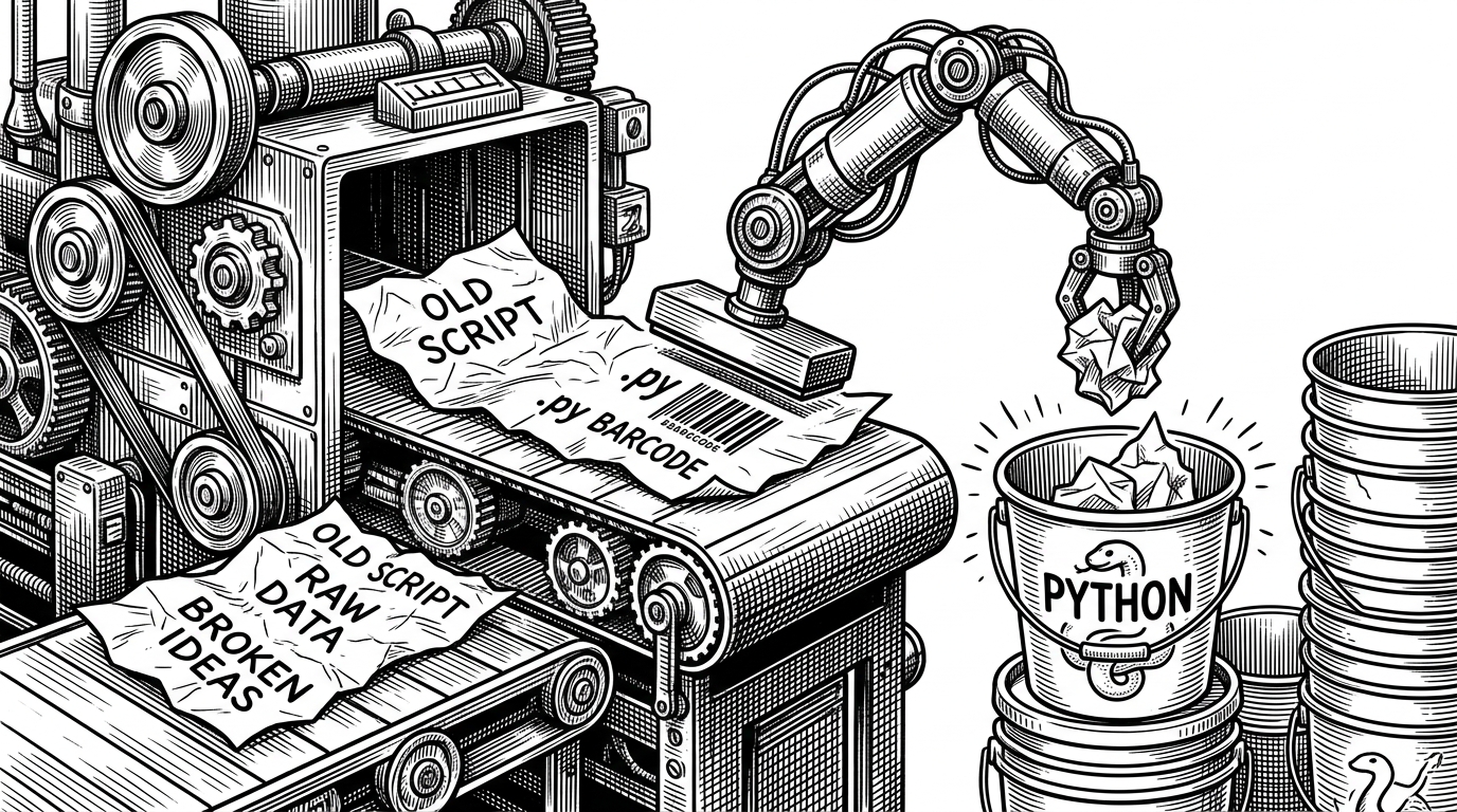 A massive, industrial coin-sorting mechanism. A piece of crumpled paper with plain English text is being stamped with a .py barcode by a robotic arm. The machine blindly drops it into a pristine, glowing bucket labeled 'Python'. This illustrates GitHub's reliance on file extensions for language classification.