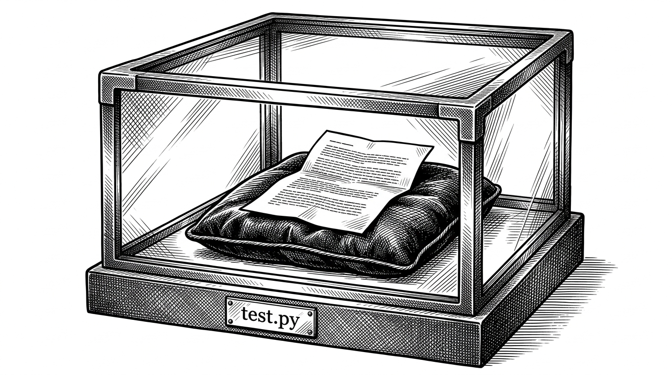 A brutalist, heavy glass museum display case. Inside, resting on a velvet pillow, is a single, plain text document. A small brass plaque at the base of the display reads 'test.py'. This elevates the mundane test project to the status of an archeological artifact.
