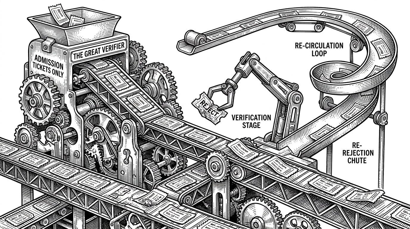 A massive clockwork sorting mechanism moving paper tickets, with a rejected ticket routed back up a steep chute. This illustrates the automated, programmatic routing and cyclic retry mechanisms of AgentFlow.