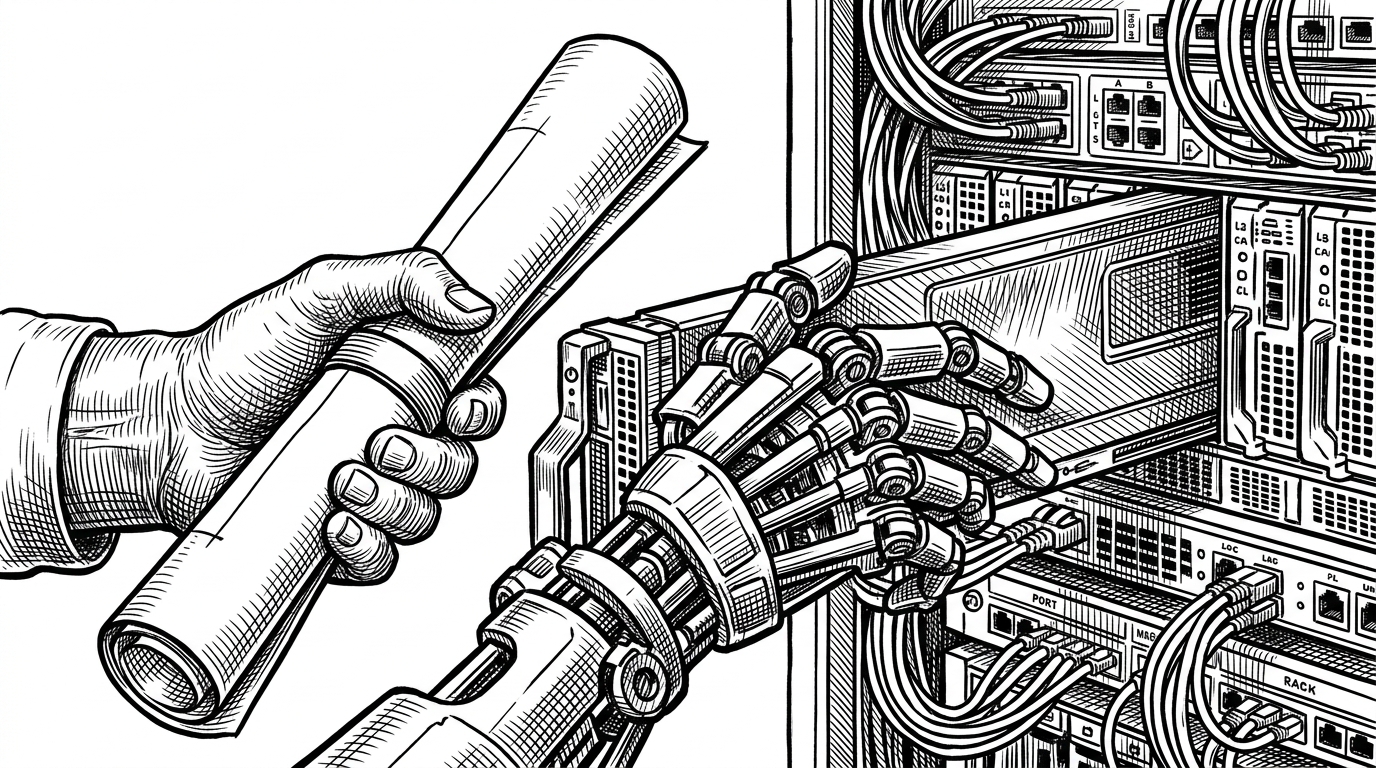 A close-up of two hands working together: one organic hand holding a blueprint, and one mechanical hand sliding a server blade into a rack. This represents the bridge between LLM logic and physical infrastructure provisioning.