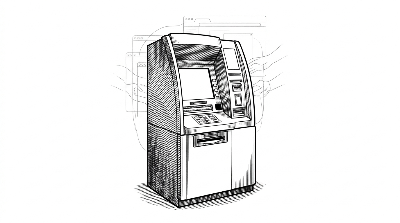 A lone ATM rendered like a stage prop, with a flat screen area, precisely placed controls, and faint seams that suggest the machine is an illusion built from software layers. The image explains the repo’s central trick: it uses Swing layout, a background image, and careful positioning to make a desktop app feel like hardware.