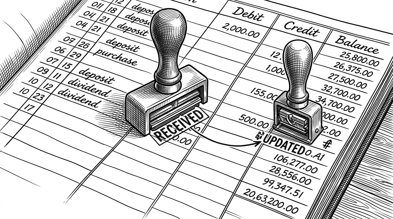 A close-up of a ledger sheet being stamped twice, once to record a deposit and once to update the running balance. The image explains that the app treats each transaction as history plus mutation, not as a single number change.