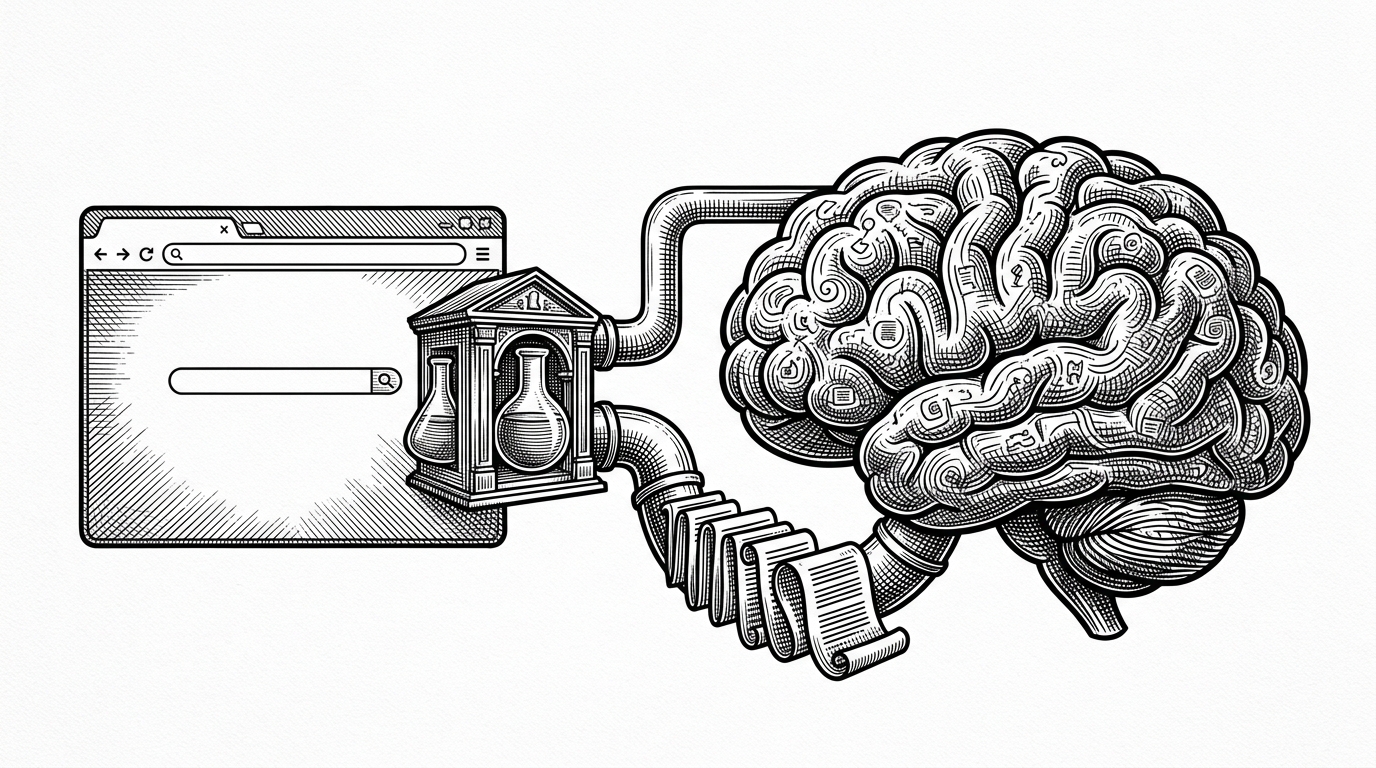 A small gateway sits between a browser window and a cloud brain, with two pipes branching from the same core. The scene explains how one backend can produce two different products by swapping instructions at the route level.