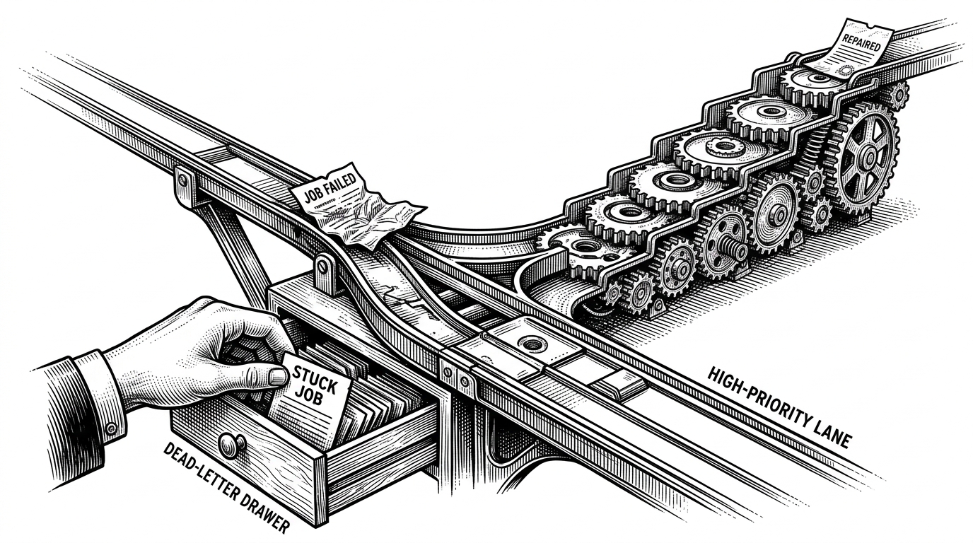 A close editorial illustration of a failed job branching into two paths. One path climbs a staggered set of retry steps with tiny offsets that show jitter. The other path drops into a dead-letter drawer, where an operator lifts the job card out and pushes it back into a high-priority lane.