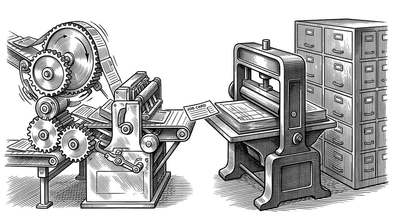 A wide editorial illustration of a live queue machine feeding into a permanent archive press. On the left, spinning gears and conveyor belts move job cards quickly. On the right, a heavy ledger press stamps each card into a durable record, showing that the system preserves job history after live processing moves on.