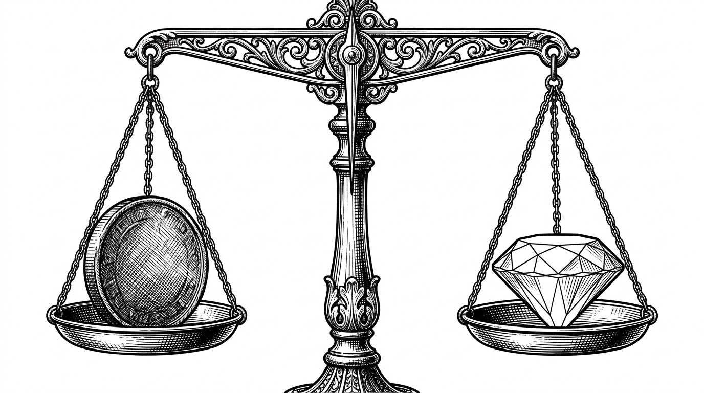 A close-up of a vintage apothecary scale. On the left pan sits a massive heavy coin. On the right pan sits a perfectly cut diamond. The scale is balanced, representing the trade-off between high ingestion cost and flawless retrieval precision.