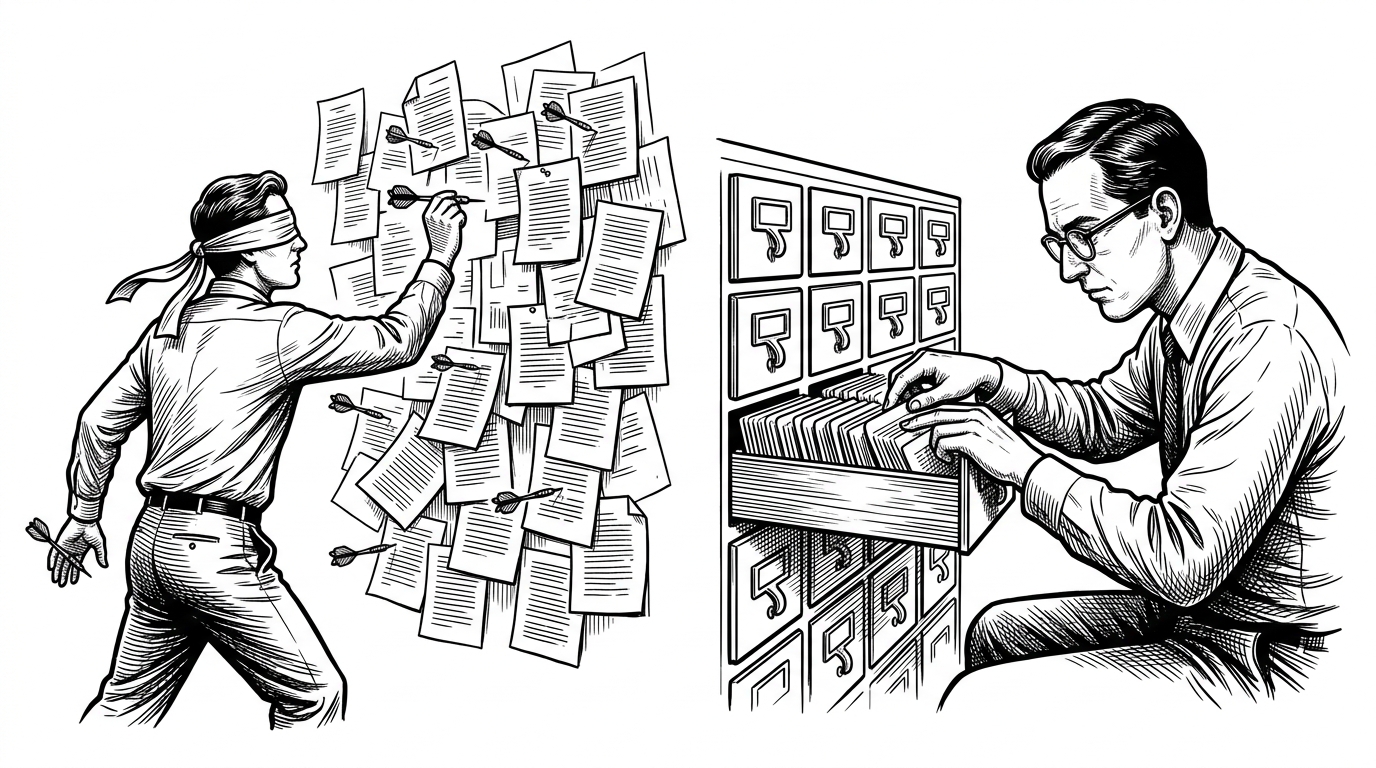 A massive ornate library split in two halves. On the left, a blindfolded figure throws darts at scattered pages. On the right, a scholar traces a finger down a meticulously organized card catalog drawer. This illustrates the difference between fuzzy vector search and structured tree navigation.