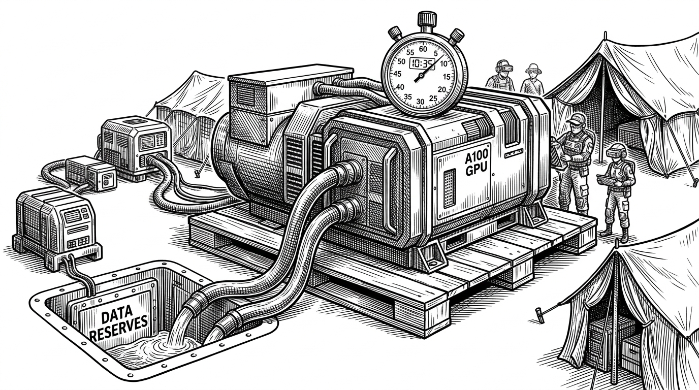 A nomadic encampment of high-tech machinery with a massive generator on a wooden pallet, connected by thick temporary hoses siphoning data. This illustrates the ephemeral, decentralized nature of the Akash cloud setup.