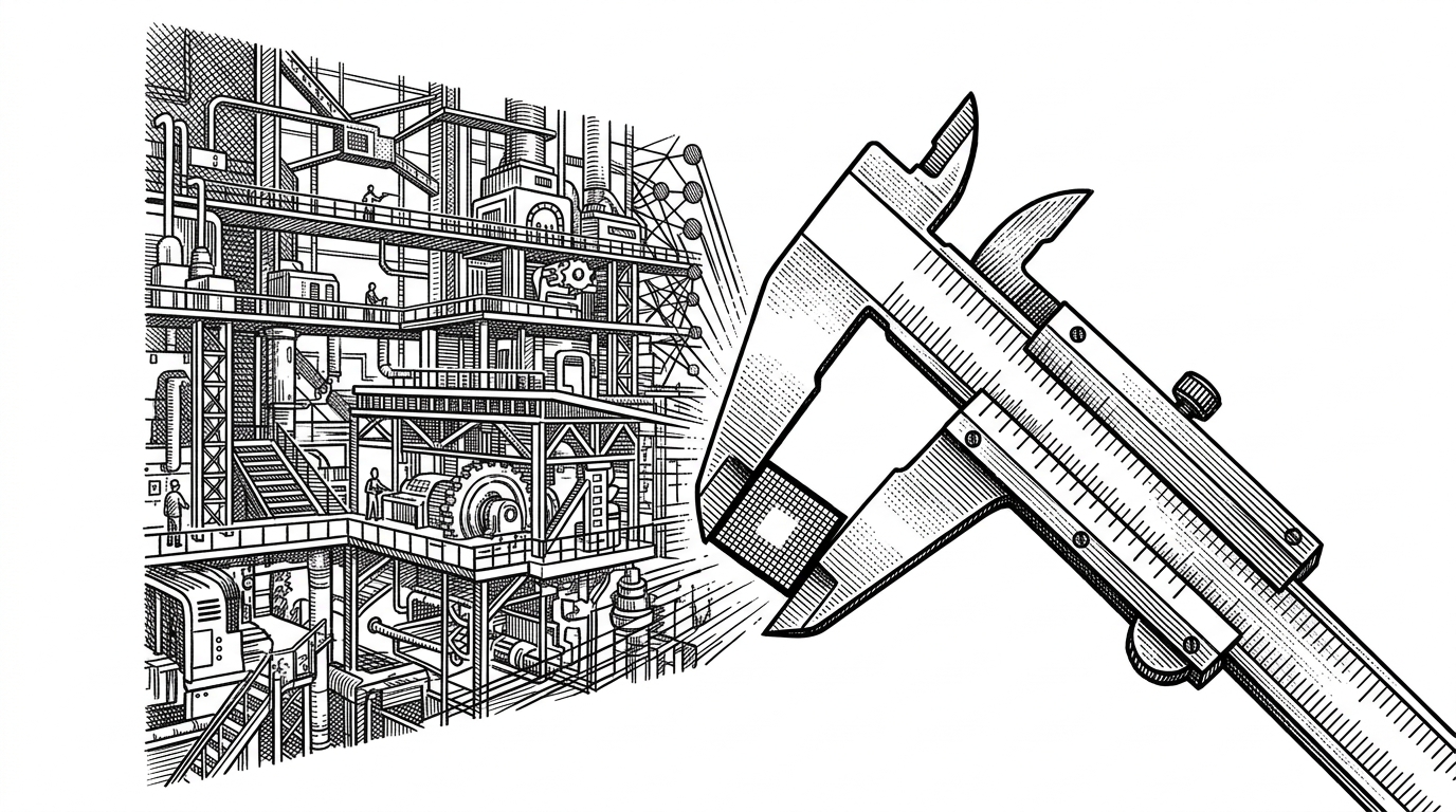 A tiny pixelated square tile being stretched by heavy industrial calipers, casting a massive detailed shadow of a factory floor. This illustrates the concept of artificially upscaling 28x28 medical images to fit into a massive Swin Transformer architecture.