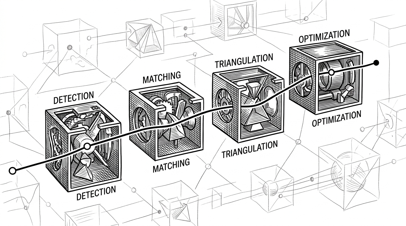 A close-up editorial illustration of a single tracked point moving through a sequence of modular boxes. The point is detected, matched, triangulated, and then pulled into a compact optimization grid, showing how one observation becomes part of a map.