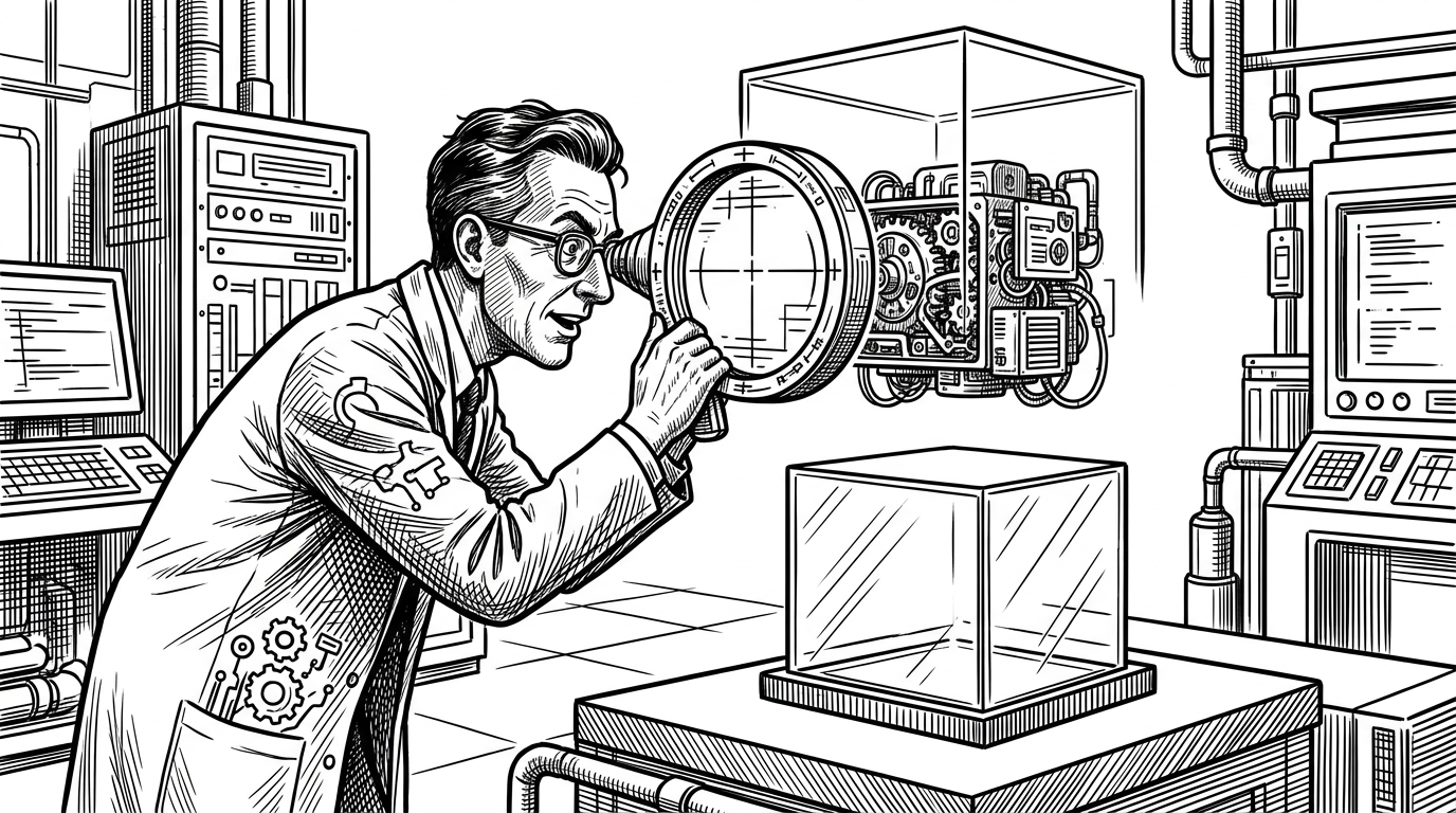 A wide shot of a high-tech laboratory where a scientist looks at a completely empty glass pedestal through a special lens that reveals a glowing, complex machine inside the void.