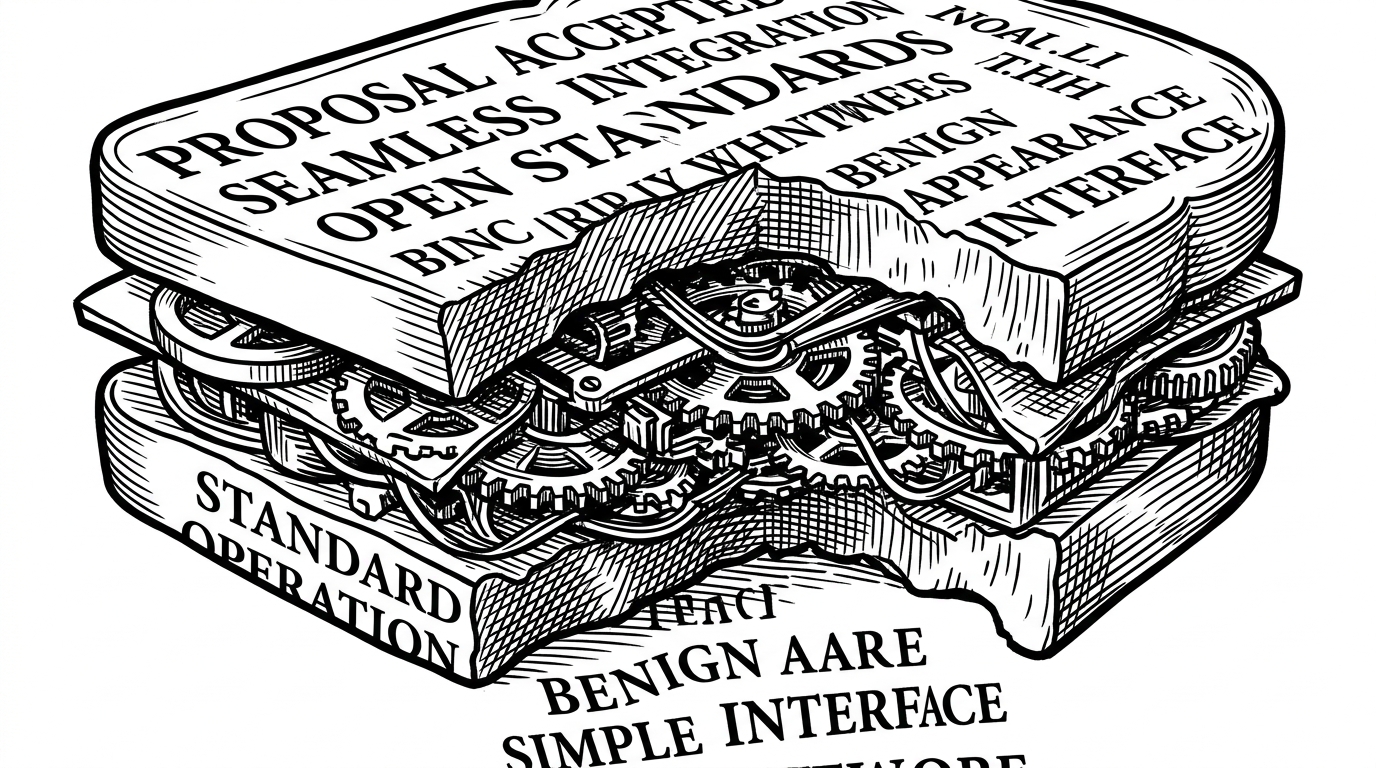 A close-up of a mechanical sandwich. The bread is clear, readable text, while the meat inside is a dense, dark mesh of gears (the hidden payload) that is only visible when the sandwich is sliced open.