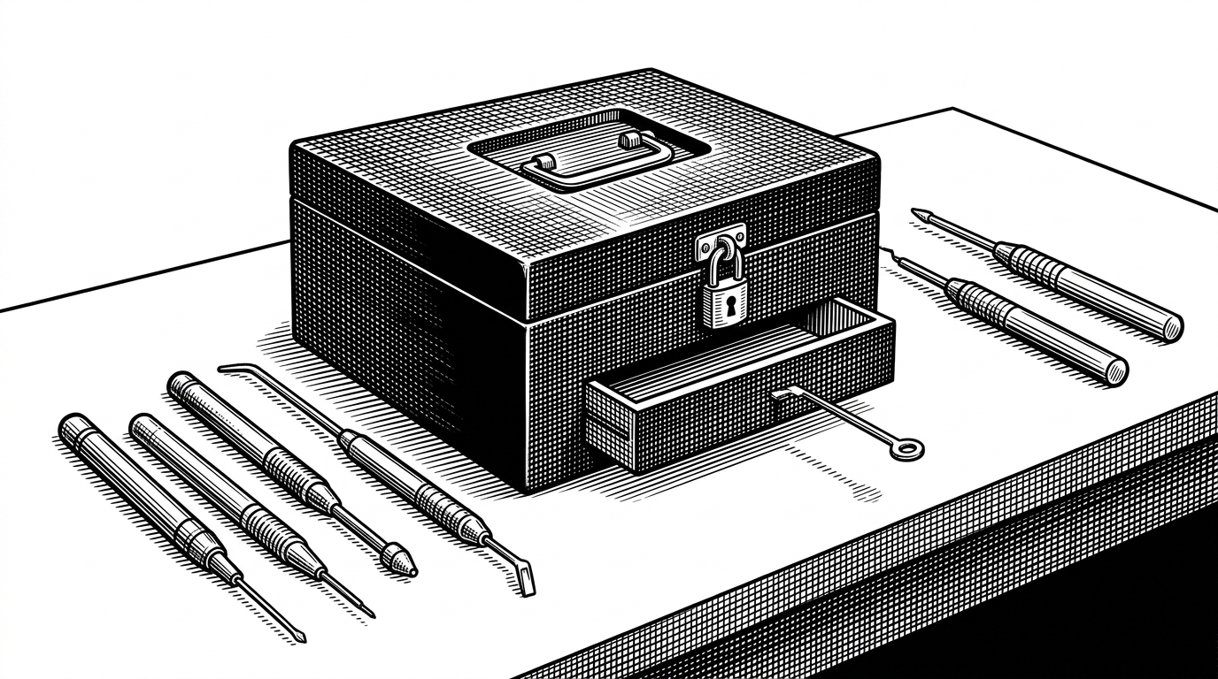 A forensic workbench holds a locked AI copilot box, five diagnostic probes, and a thin key-like tool reaching into a hidden drawer. The scene explains that the core question is access, not chat behavior.