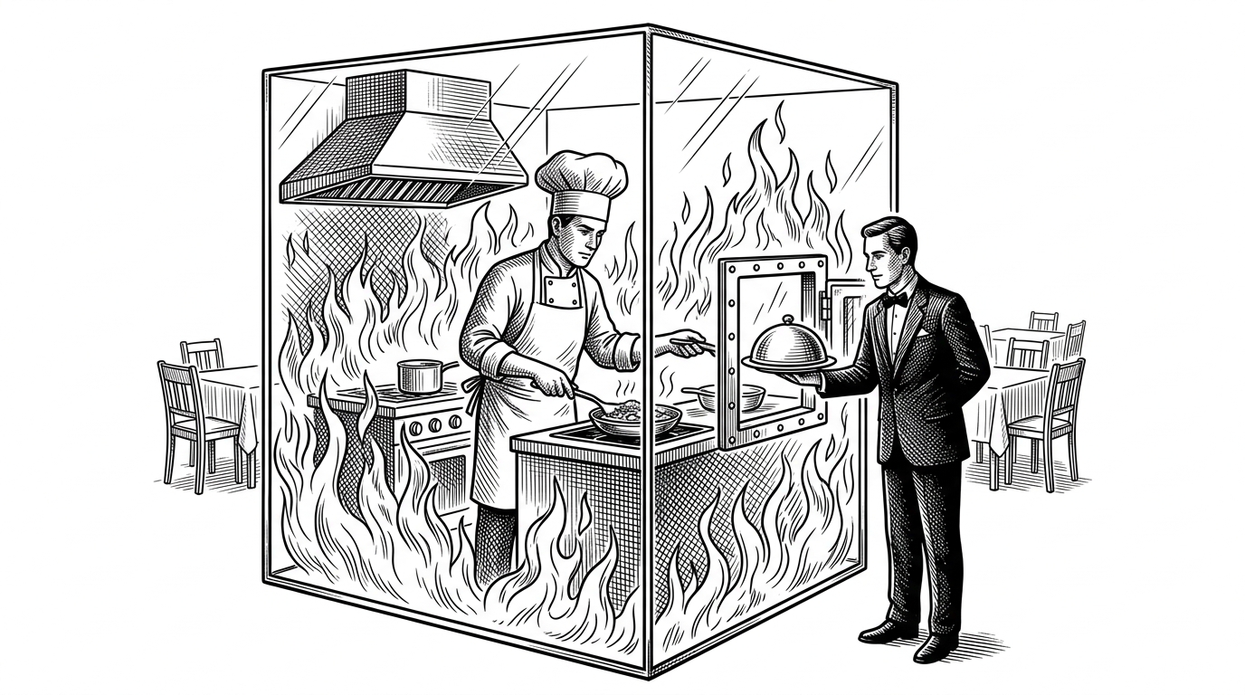 A chef cooking inside a fireproof glass cube while a waiter safely retrieves a dish outside.