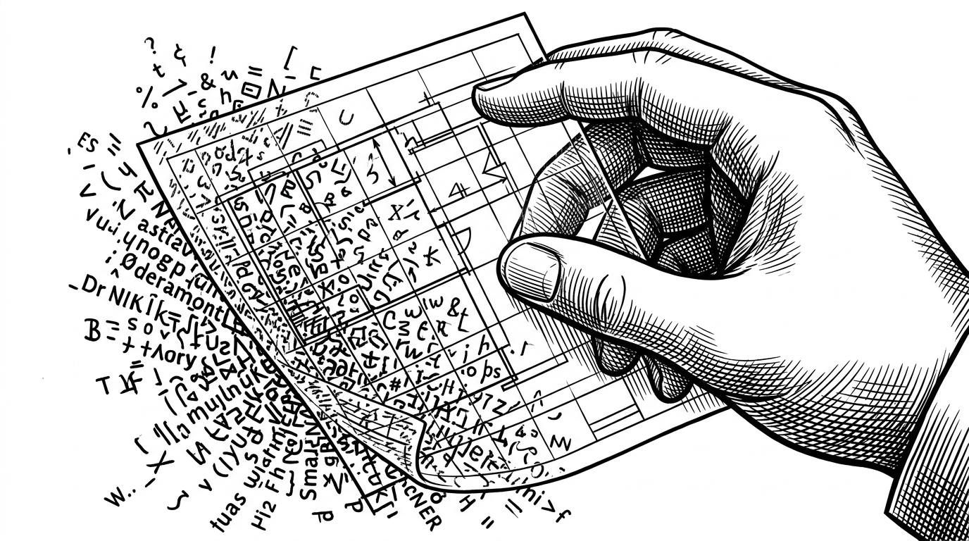 A hand placing a rigid, transparent geometric blueprint over a chaotic cloud of text.