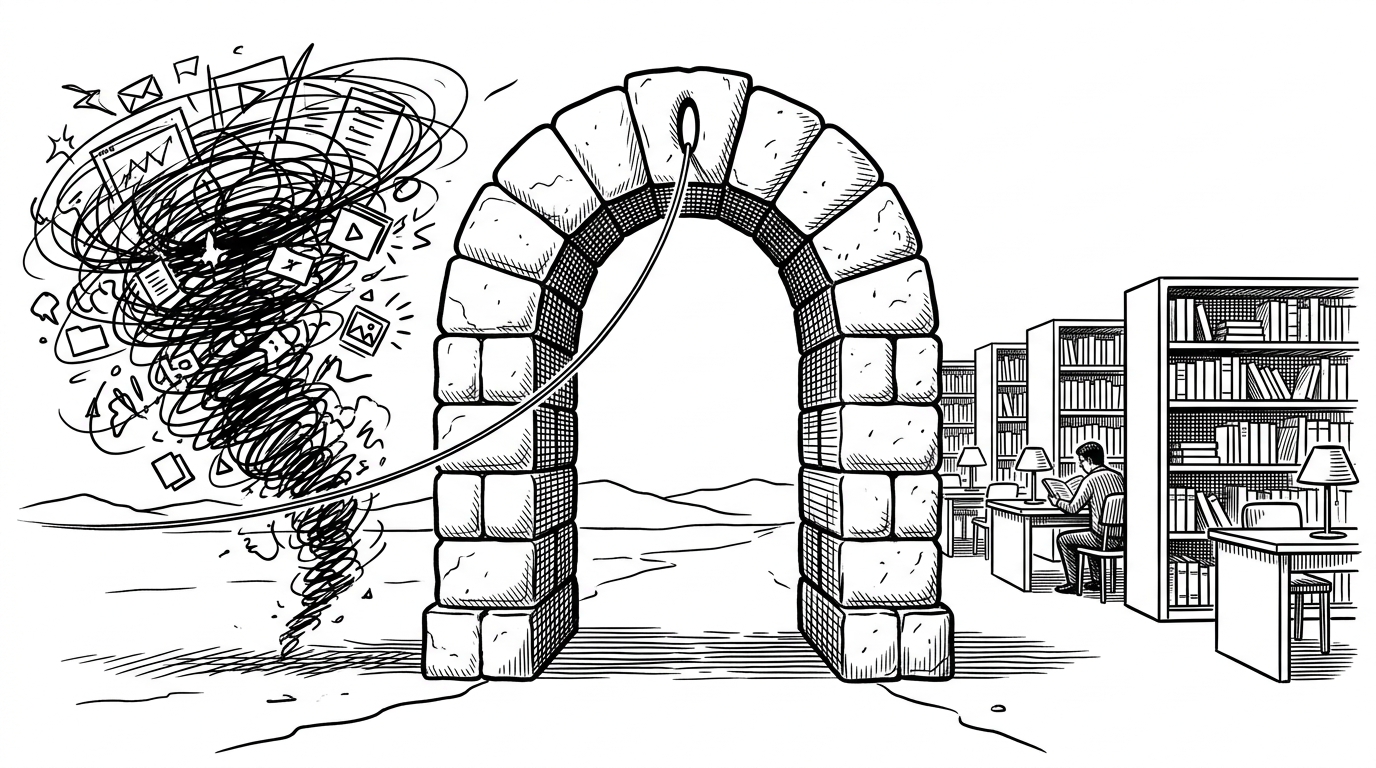 A stone archway separates a chaotic storm from a serene library, with a single thread passing through a needle-eye in the arch. This illustrates the Trust Zone proxy isolating the agent from the open internet.