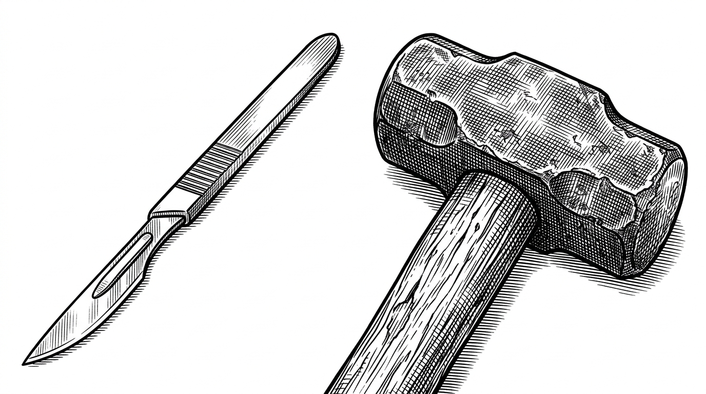 A close-up of a precision surgical scalpel resting next to a rusted, oversized sledgehammer. This contrasts AX's minimal code footprint with the bloat of previous frameworks.