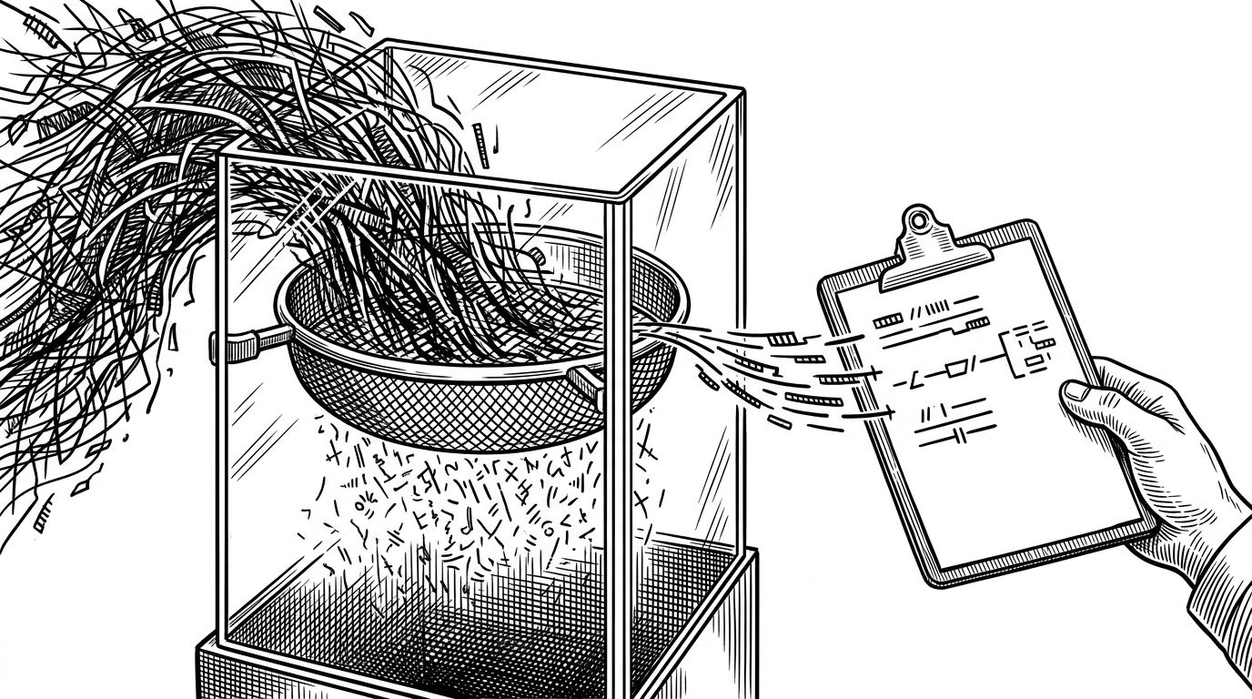 A close-up black-ink scene of a glass inspection chamber receiving a chaotic stream of proxy traffic and scan fragments. A fine metal sieve filters out noisy pieces while a clipboard catches only the surviving evidence. The image explains why live traffic and validation matter more than raw output.