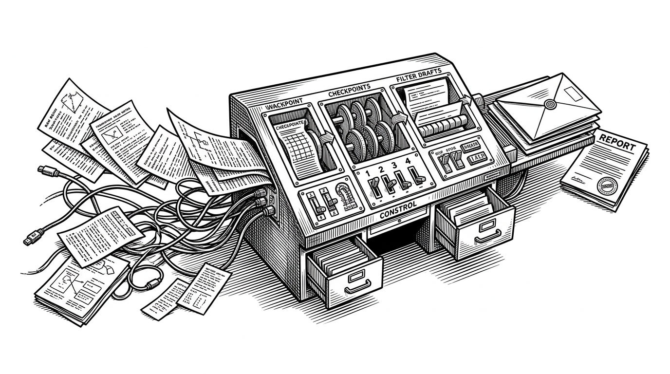 A wide editorial illustration of a security workbench viewed from slightly above. Raw recon notes and proxy traces enter from the left, while a neat report packet exits on the right. In the middle, drawers, switches, and checkpoints show how the harness forces findings through evidence before they move forward.
