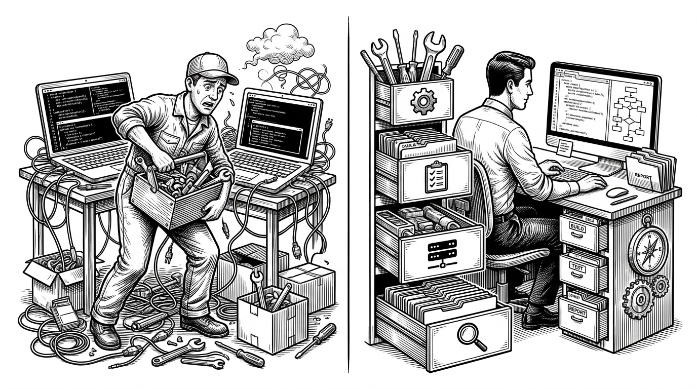A split black-ink illustration showing two different bug bounty setups. On the left, a classic installer spills tools into a messy pile around a laptop. On the right, the harness arranges the same tools into drawers and checkpoints around a disciplined desk. The image contrasts provisioning with orchestration.