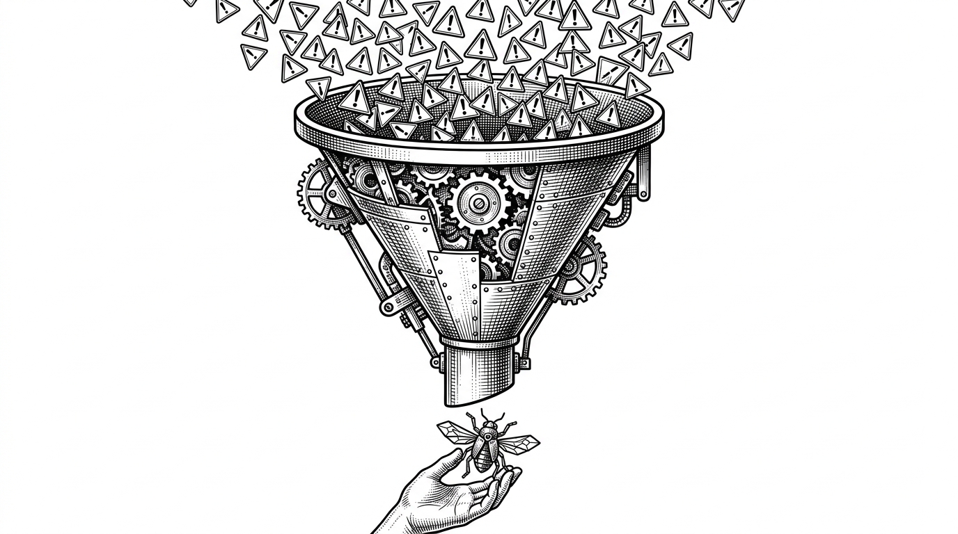 A giant mechanical funnel where thousands of alert icons go in, but a single, perfectly formed bug icon is caught by a human hand at the bottom, illustrating noise reduction and validation.