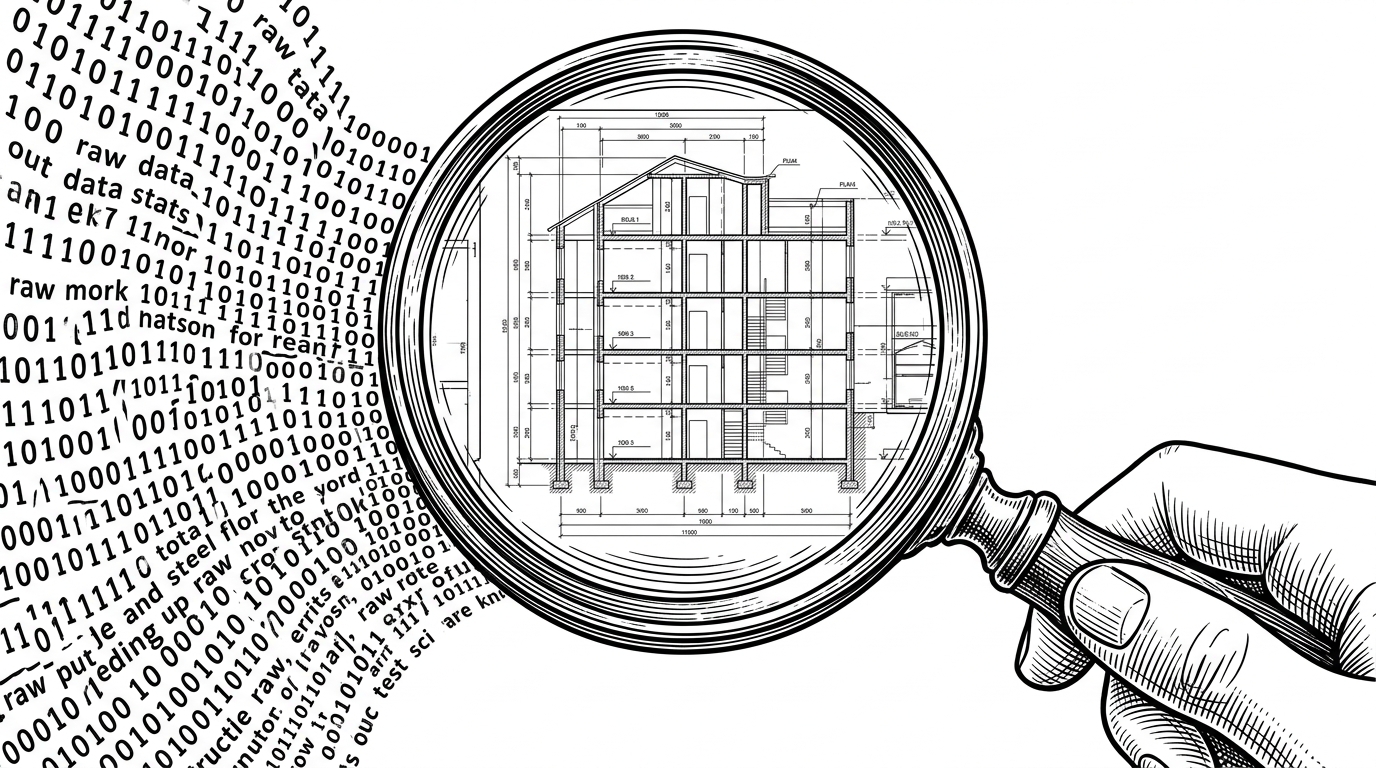 A close-up of a magnifying glass held over a stream of binary code, transforming it into a clear architectural blueprint.