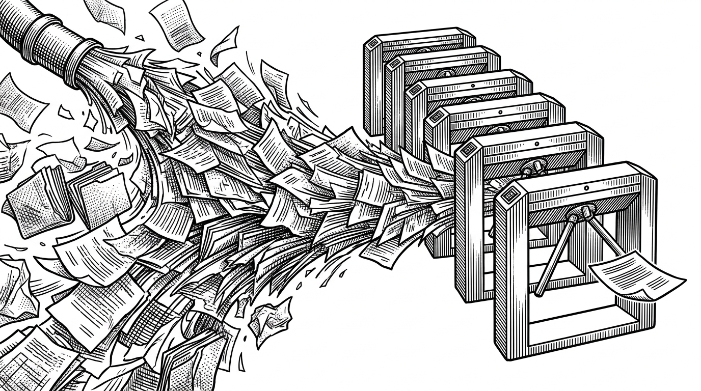 A split composition showing a chaotic firehose of loose papers on the left, and a strict, orderly series of turnstile gates on the right filtering down to a single folded document. This contrasts traditional noisy scanners with the strict validation gate.