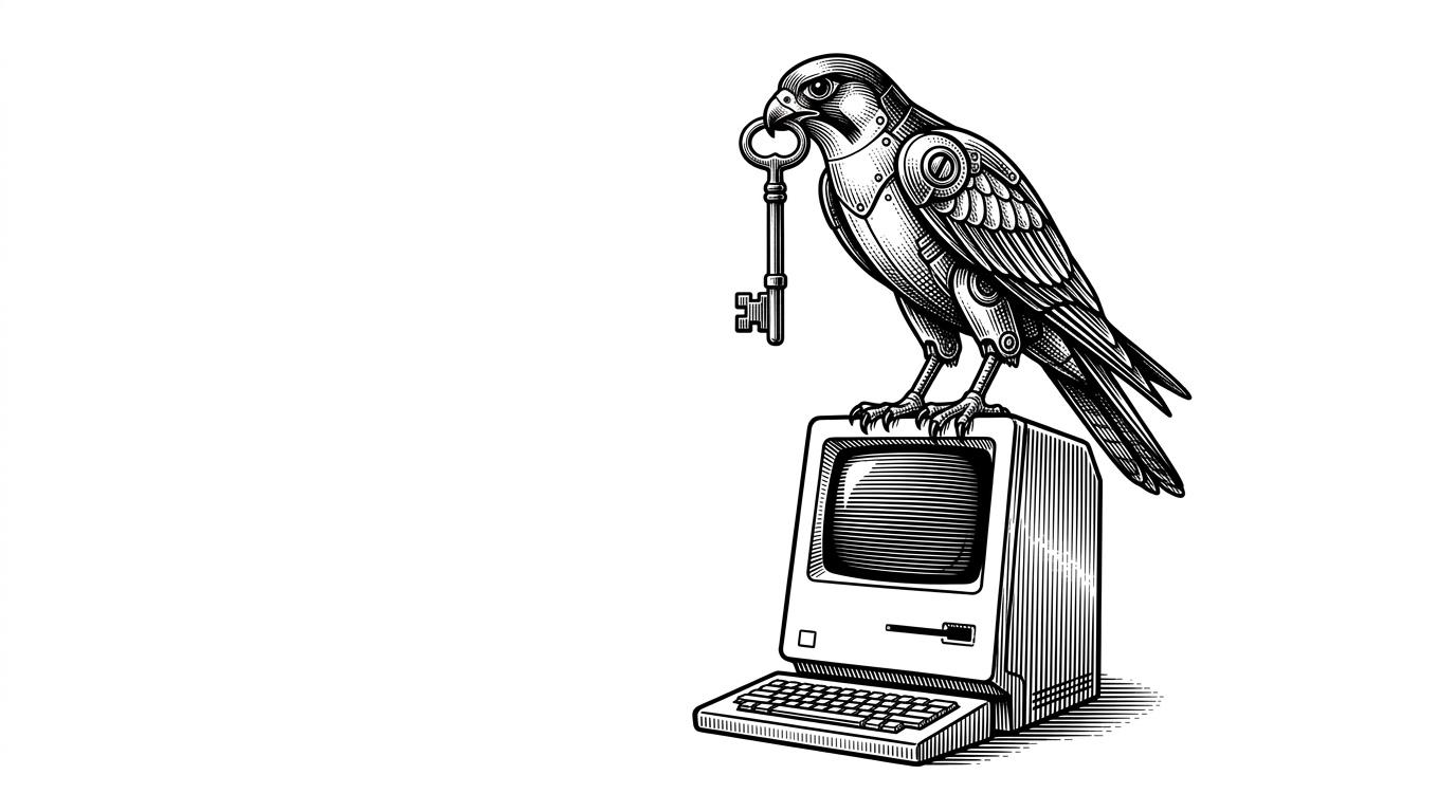 A mechanical falcon perched on a classic computer terminal holding an iron key. This represents the 'Bionic Hunter' metaphor of AI-driven security orchestration.
