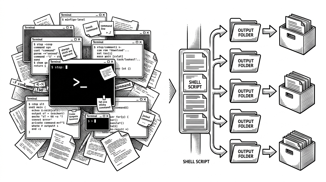 A split editorial scene contrasts a cluttered desk full of terminals and sticky notes with a tidy shell script feeding orderly folders into the next step. The image explains why workflow design reduces missed handoffs.