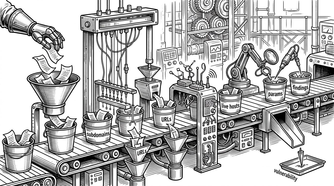 A long mechanical conveyor belt carries labeled containers from raw domain input to finished findings. The scene explains how the script turns scattered recon tools into a staged workflow with handoffs between phases.