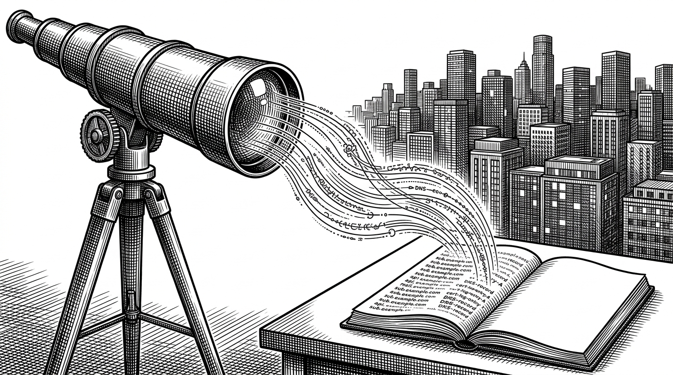 A telescope scans a city skyline while a notebook fills with discovered subdomains. The scene explains how passive recon gathers broad surface area before any active testing begins.