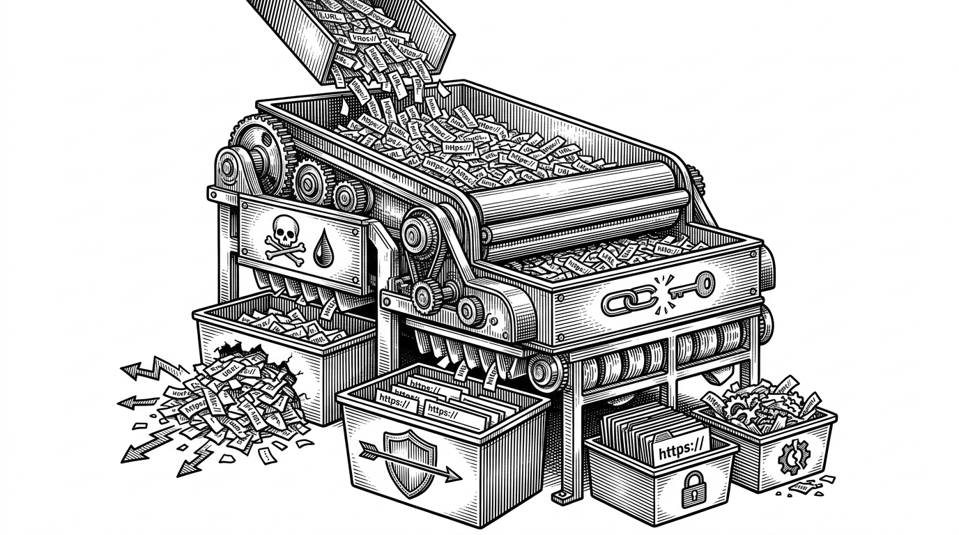 A sorting machine drops a flood of URLs through labeled filters, leaving only a few precise candidates in bins marked for specific vulnerability classes. The image explains how pattern matching converts raw crawl data into focused leads.
