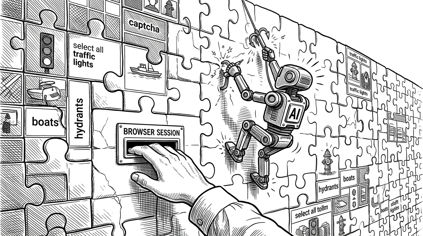 An editorial illustration showing a fragile robot failing to climb a massive CAPTCHA wall, while a human hand simply reaches through a mail slot. This represents the tool's strategy of bypassing bot detection by using an authenticated human browser session.