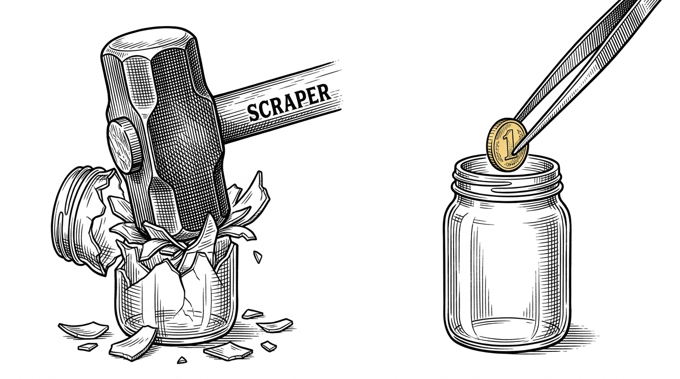 An editorial illustration showing a split scene: a giant mechanical sledgehammer smashing a glass jar, contrasted with tweezers gently extracting a coin from the same jar.