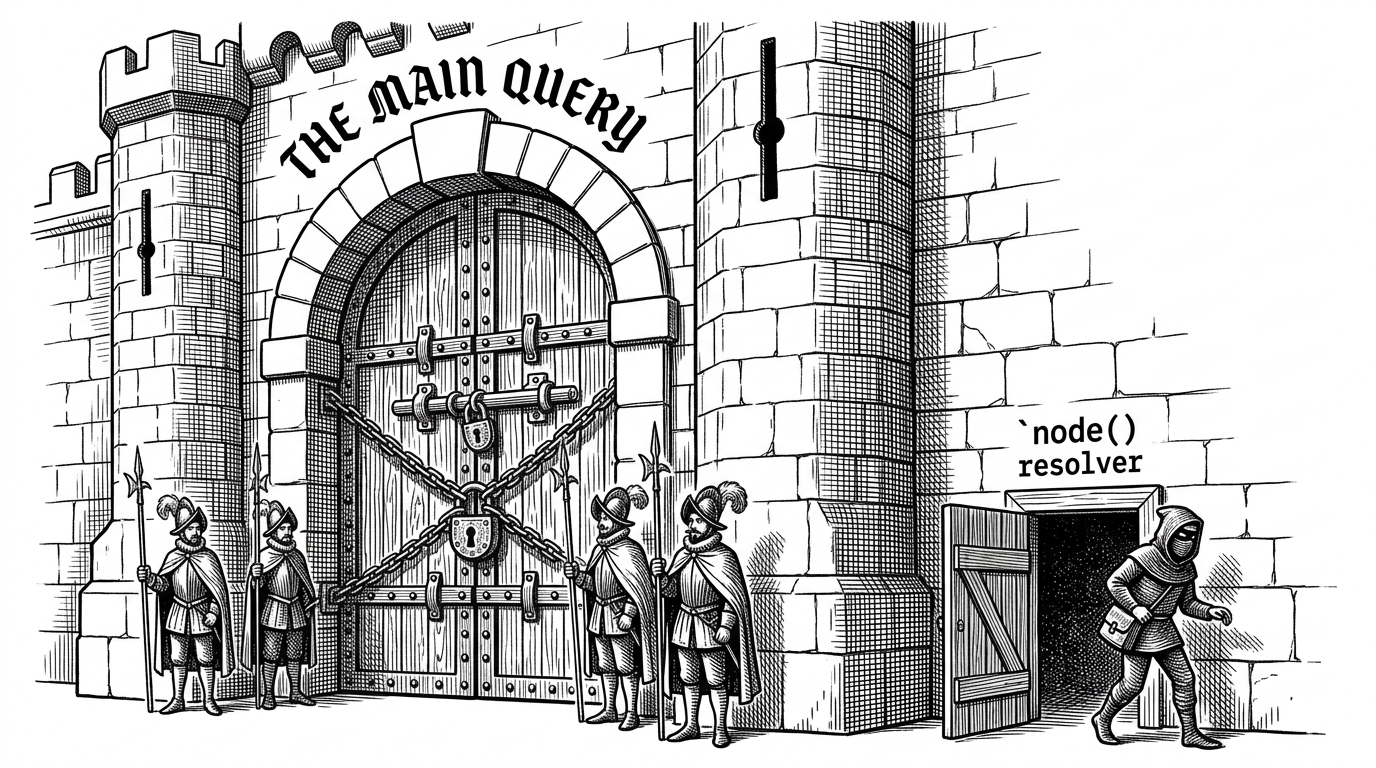An illustration of a large, heavily guarded main gate next to a small, completely unmonitored utility door, representing the contrast between secured specific queries and vulnerable generic node fetchers in API security.