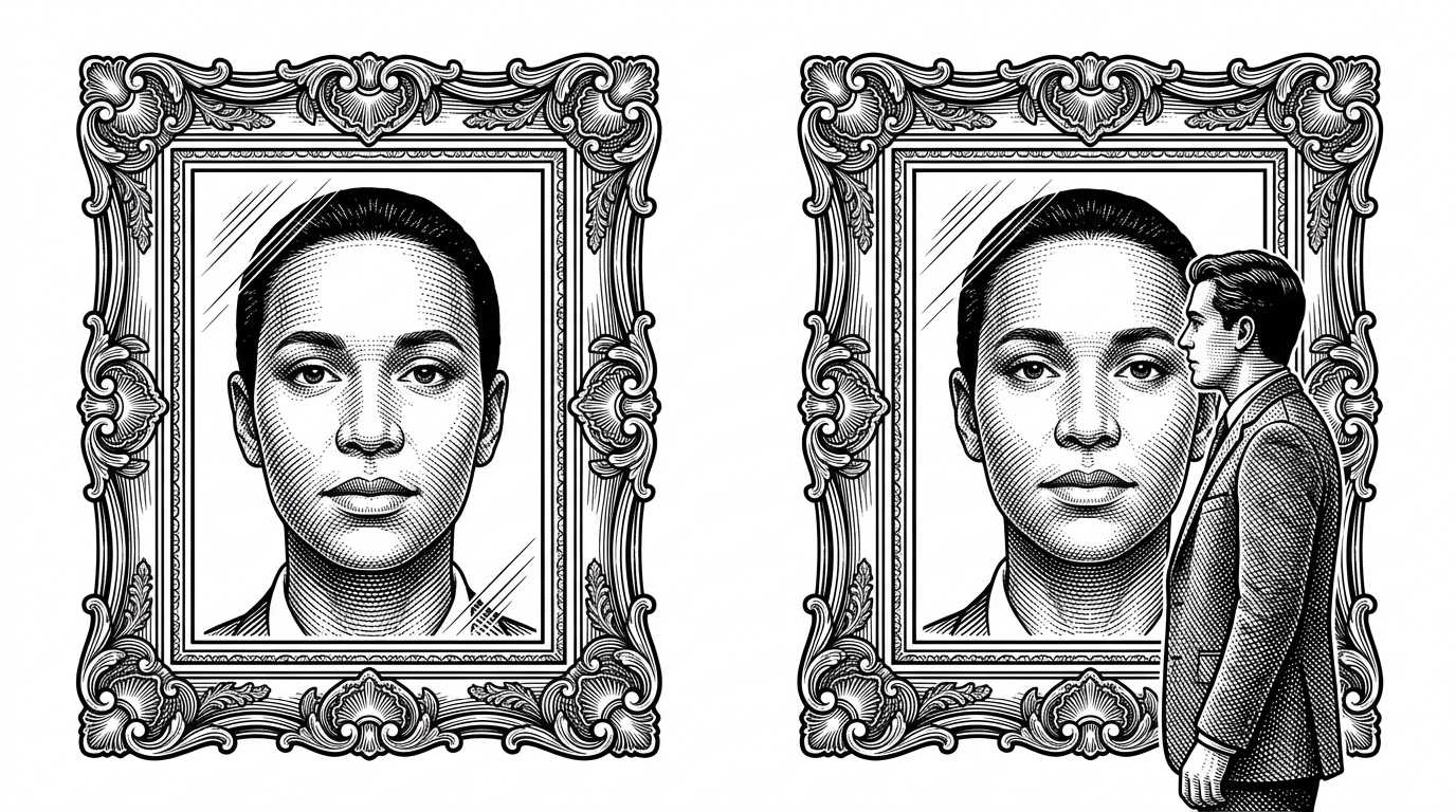 An illustration of two identical mirrors facing each other. One reflects a person's face, while the other reflects a stranger but shows the first person's reflection, symbolizing cross-tenant data leakage.