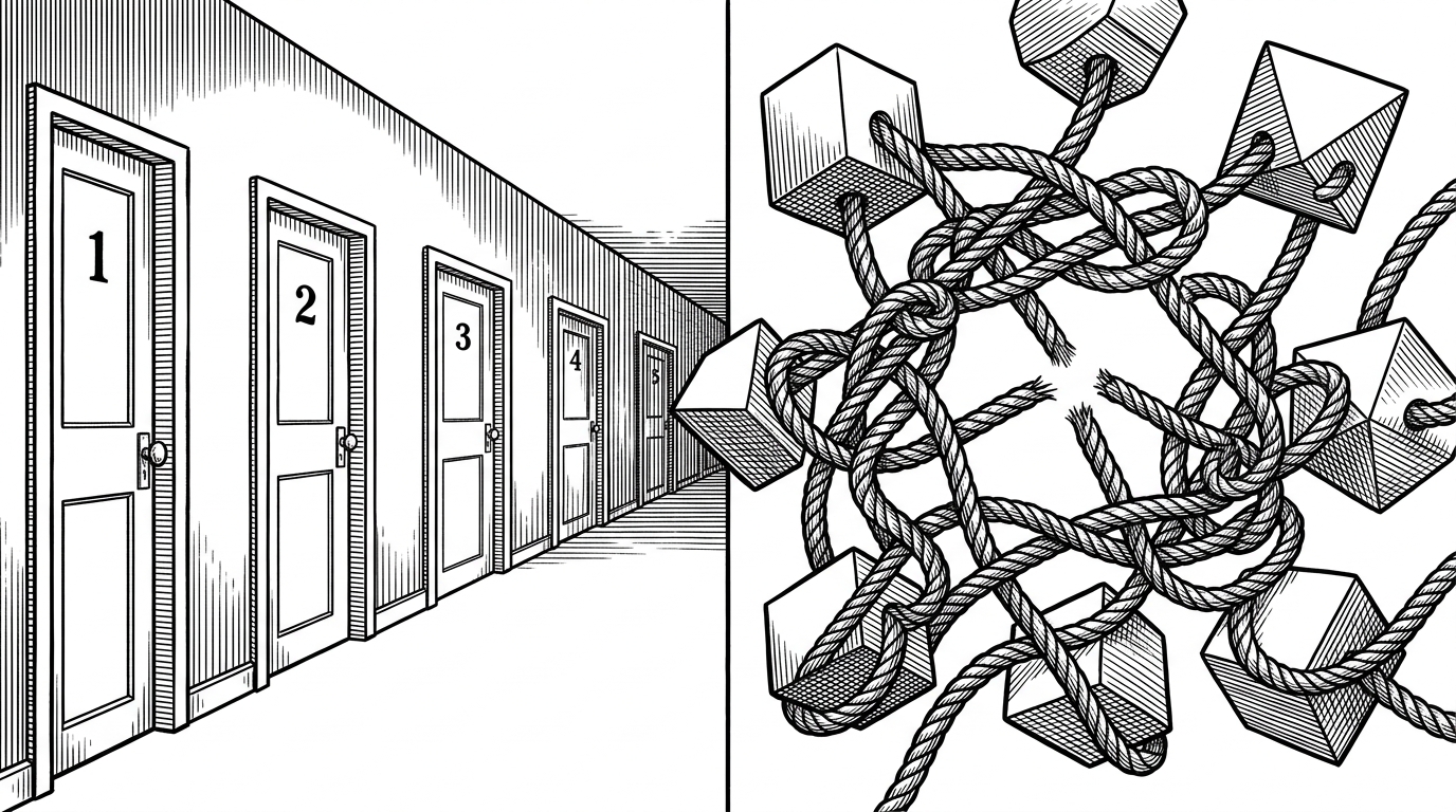 A split scene comparing a straight hallway with numbered doors to a complex knot of ropes.